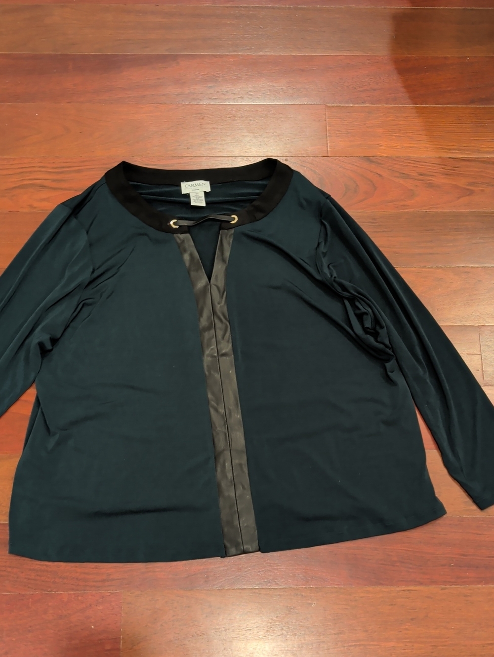 Carmen Marc Valvo Woman Dark Green Blouse W Black Neckline & Pleather Detail